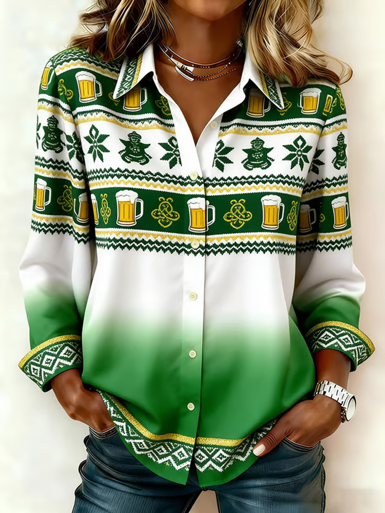 Women's Casual St. Patrick's Day Printed Lapel Shirt artswardrobe