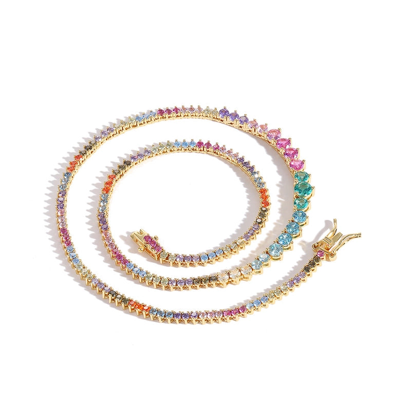 Three-Claw Gradient Color Zircon Tennis Necklace New Trendy Unique Chain Hip Hop Style Style Twin