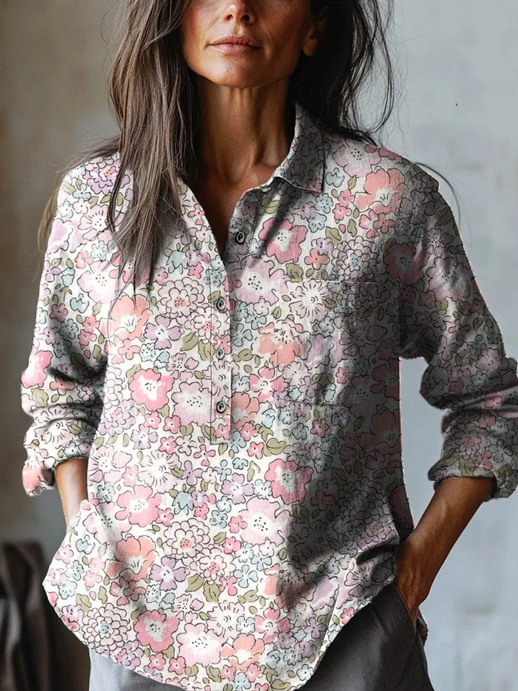 Women's Vintage Lovely Floral Art Print Casual Cotton And Linen Shirt