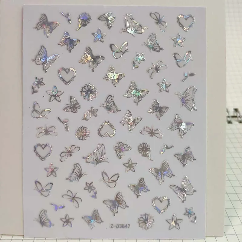 1pc Holographic New Laser Butterfly Designs Nail Sticker Silver Adhensive Slider Decoration DIY Nail Art Stickers Manicure Decor-Nail Inspo