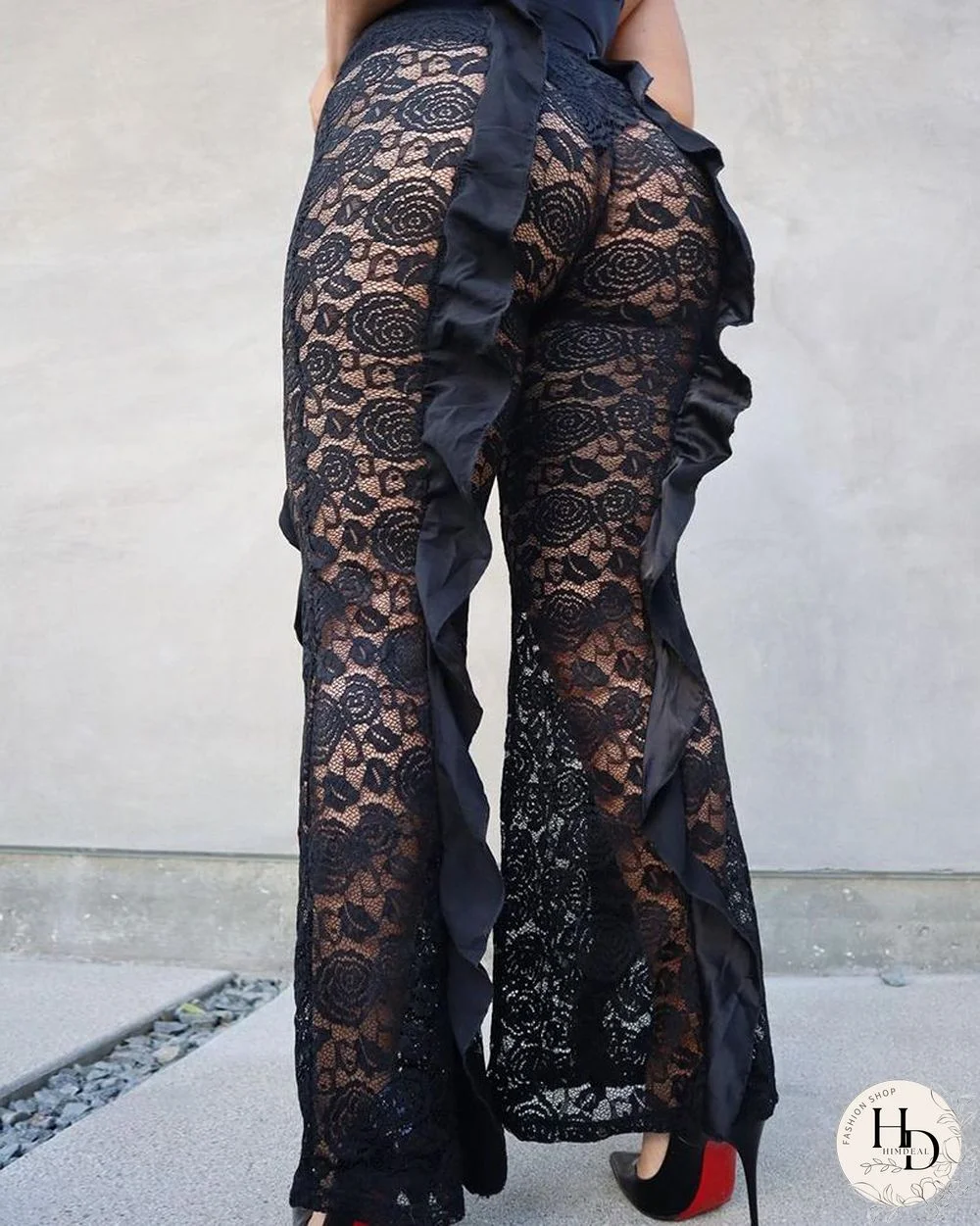 Solid Lace Ruffles Patch Flared Pants