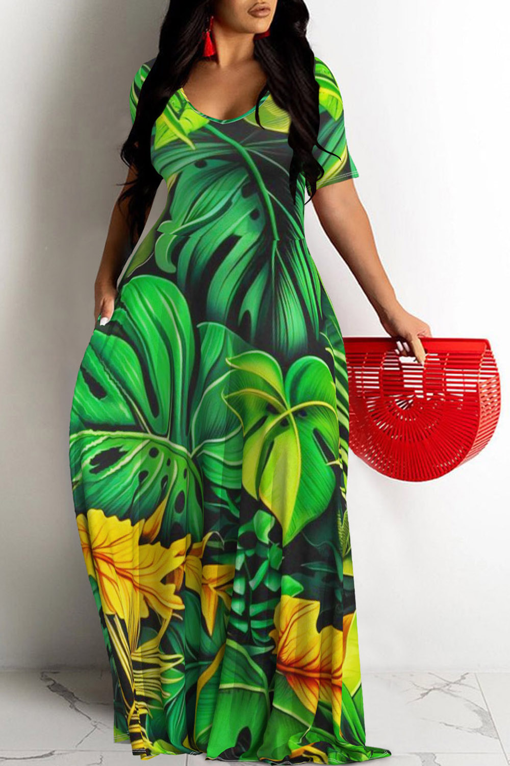 Plus Size Vacation Green Leaf Print V Neck Short Sleeve Pocket Maxi Dress [Pre-Order]