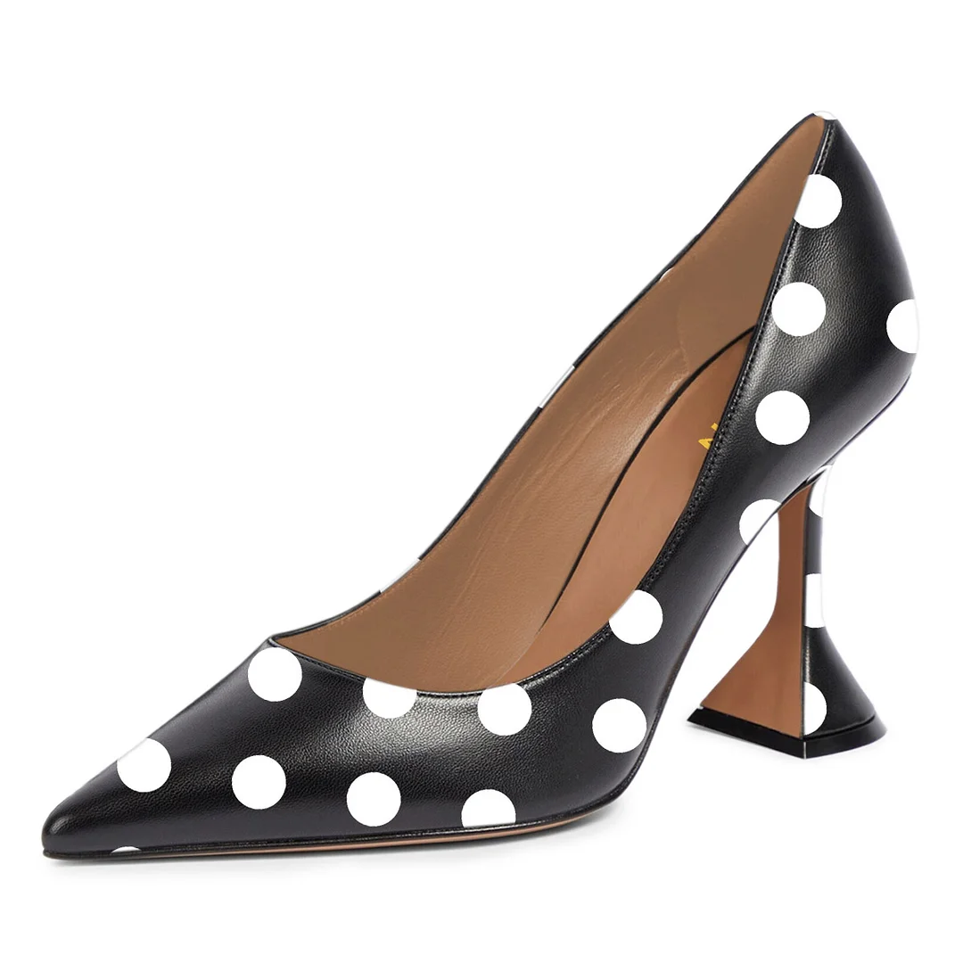 Black & White Polka Dot Vegan Leather Pointed Toe Flared Heel Pumps  