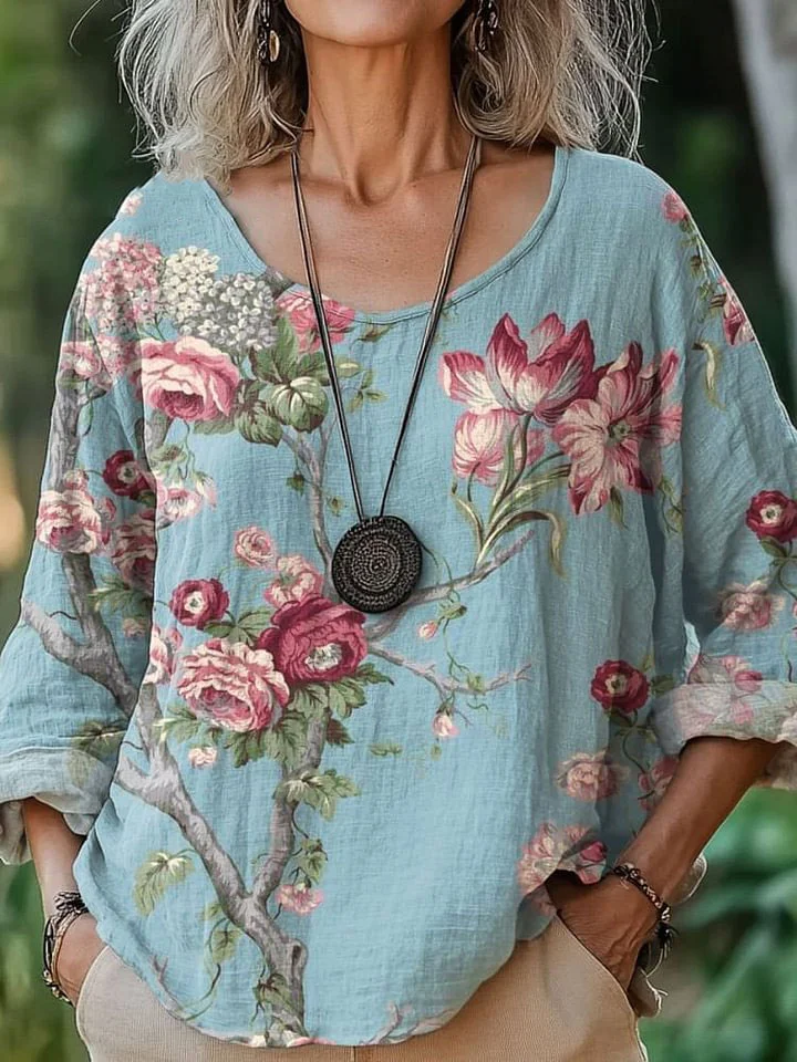 Women's  Flowers  Art  Print Casual Cotton And Linen Shirt