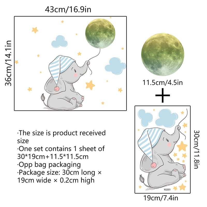 Baby Elephant Moon Luminous Wall Sticker For Baby Kids Room Bedroom Home Decoration Decals Glow In The Dark Combination Stickers