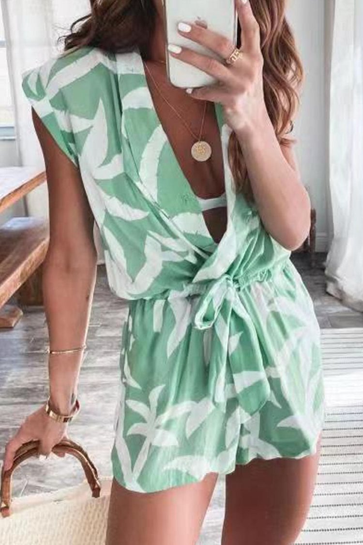 Casual Print V Neck Loose Jumpsuits - Life is Beautiful for You - SheChoic