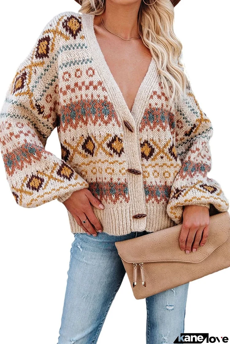 Multicolor Tribal Pattern V Neck Button Front Cardigan