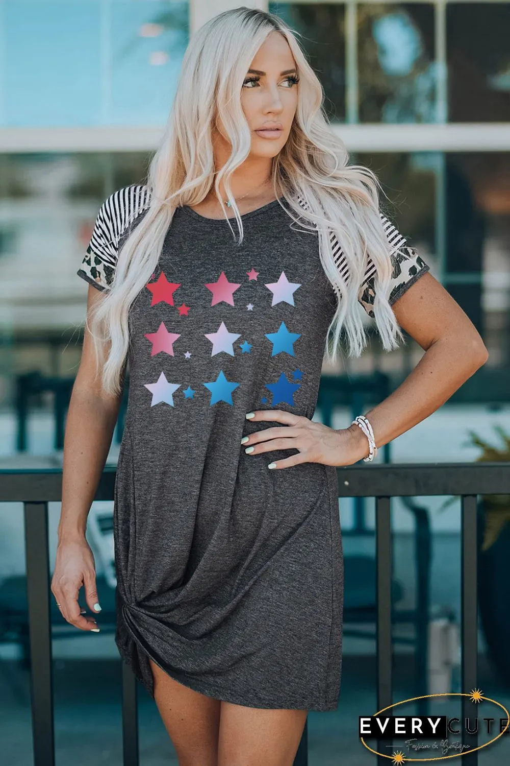 Gray Flag Day Star Print Leopard Stripe Sleeve Dress