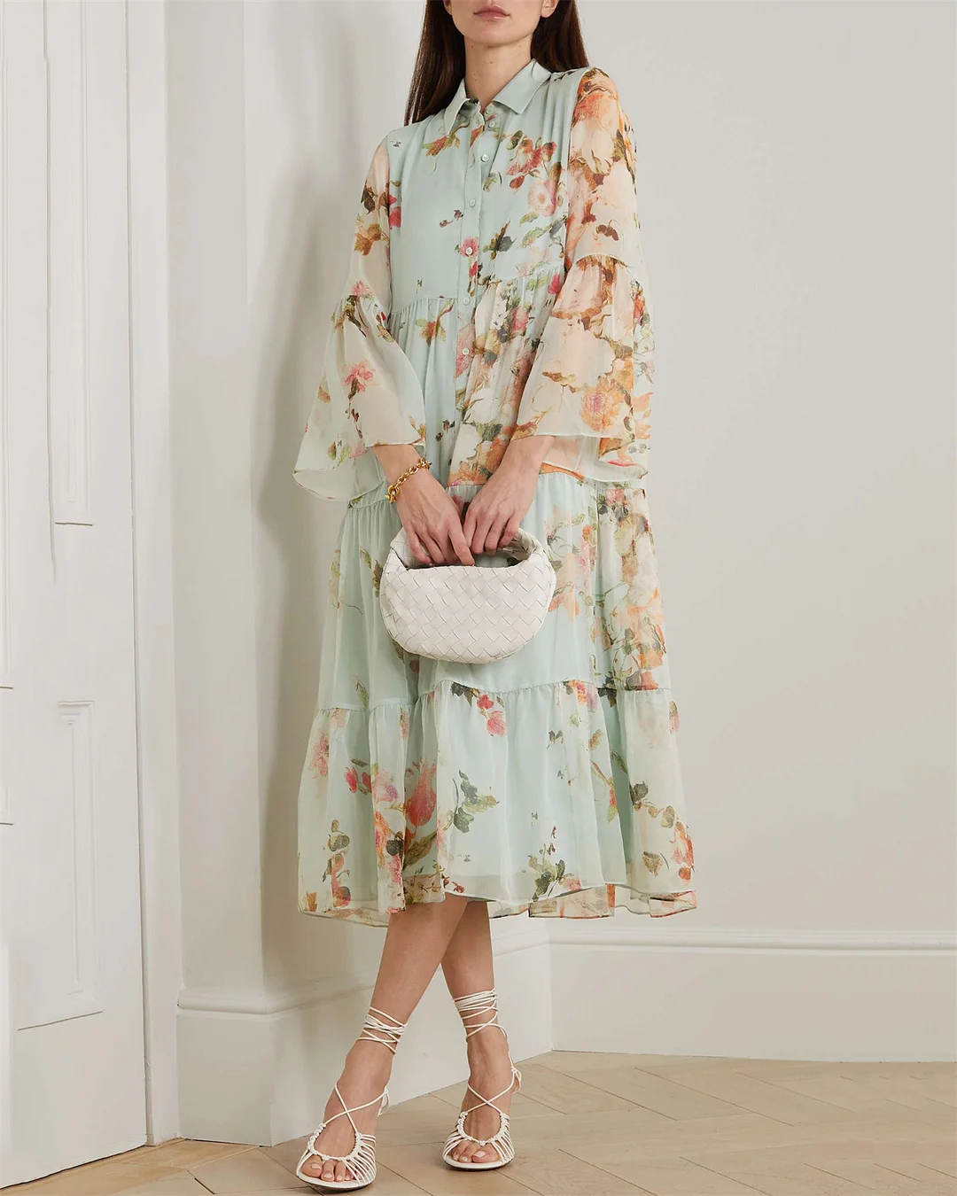Women's Lapel Chiffon Print Dress - 01