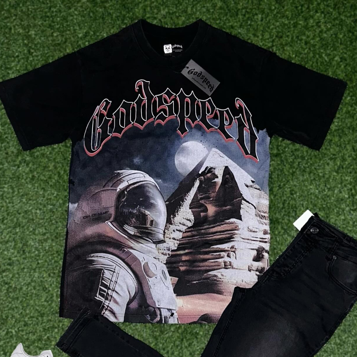Godspeed Astronaut Egypt Print Cotton Short Sleeve T-Shirt