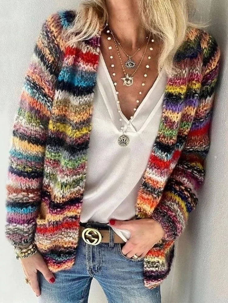 Casual Rainbow Stripe Long Sleeve Cardigan Coat