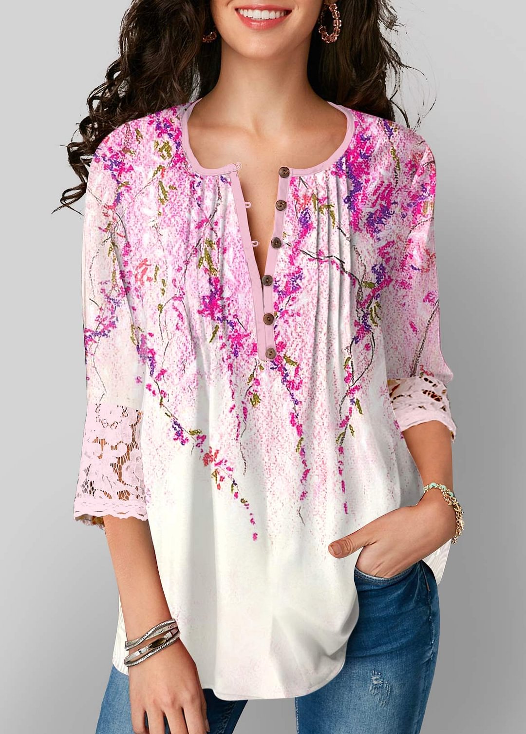 Crinkle Chest Pink Lace Stitching Blouse