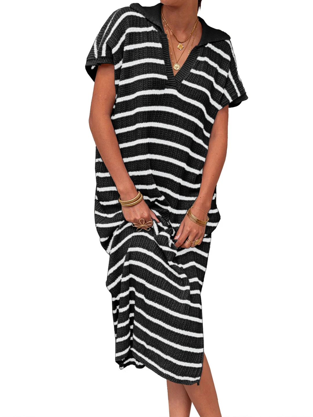 Woherb Woherb Summer Dress Women's V-Neck Stripe Low Slit Lapel Long Sweater Even-Outfit Ideas