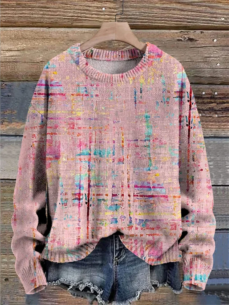 Woven Texture Painting Printed Knit Pullover Sweater