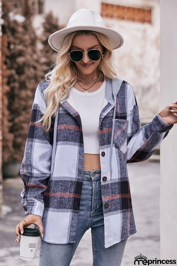 Plaid Dropped Shoulder Hooded Jacket