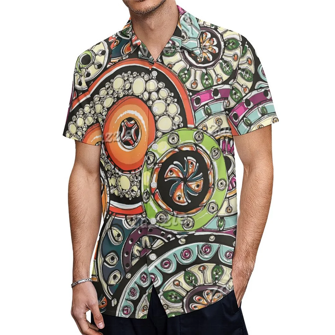 Retro Chic Funky Floral Circles Art Hawaiian Shirt Mens Button Down Plus Size Tropical Hawaii Beach Shirts