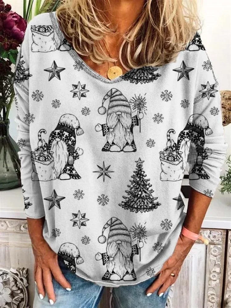 Women's White Christmas Santa Claus Tree Printed V-Neck Long Sleeve Top