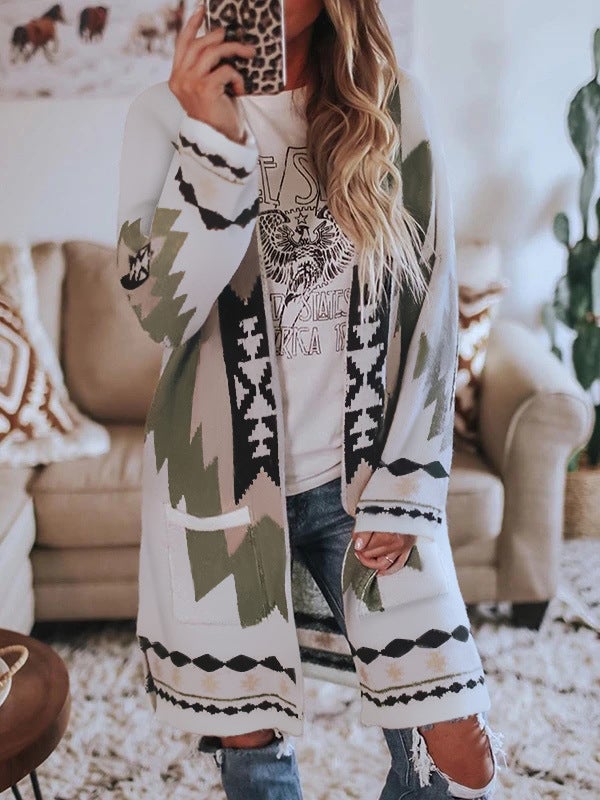 Long Sleeve Printed Cardigan Coat Woolen Coat for Autumn and Winter
