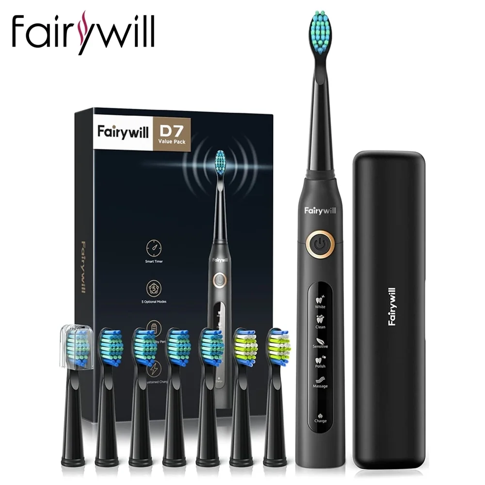 Fairywill FW-507 Sonic Electric Toothbrush 5 Modes USB Charger Tooth Brushes Replacement Timer Sonic Toothbrush 8 Brush Heads