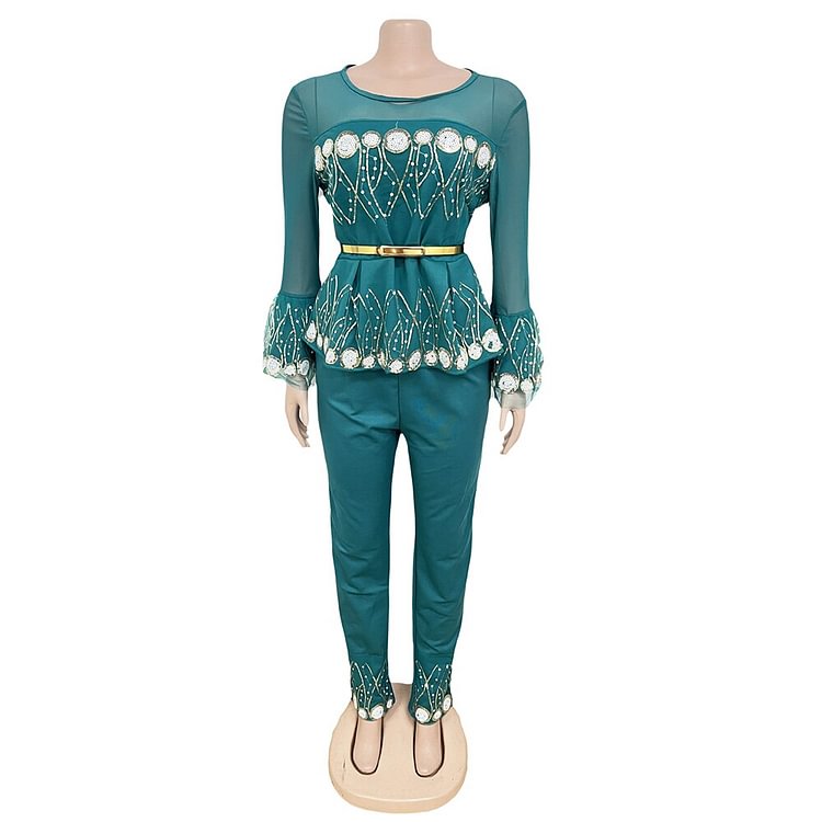 African Americans fashion QFY Plus Size Women Clothing Two Piece Set African Dashiki Chiffon Tops Pants Suit 2022 Summer Fashion Ankara Outfits Vêtements Ankara Style QueenFunky