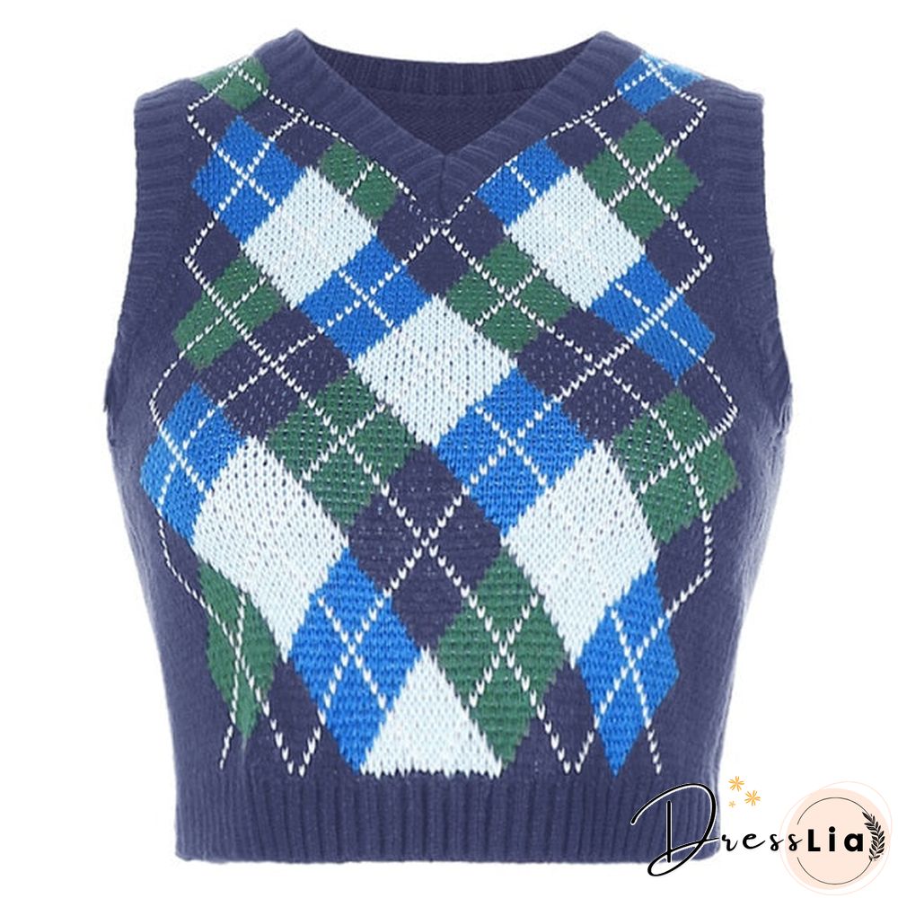 V Neck Vintage Argyle Sweater Vest Women Black Sleeveless Plaid Knitted Crop Sweaters Casual Autumn Preppy Style tops
