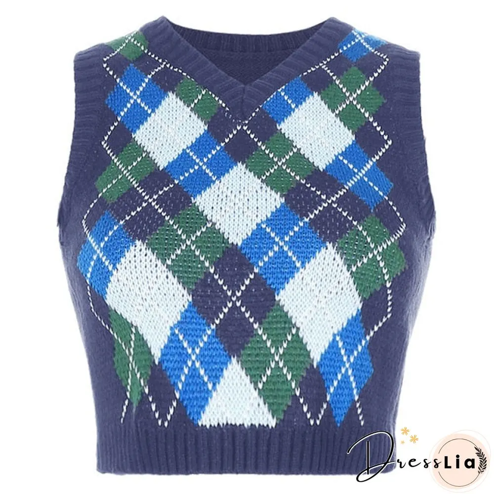 V Neck Vintage Argyle Sweater Vest Women Black Sleeveless Plaid Knitted Crop Sweaters Casual Autumn Preppy Style tops