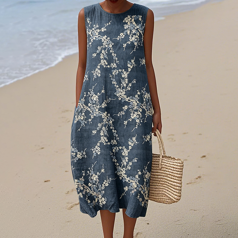 Women's Vintage Japanese Floral Print Round Neck Sleeveless Linen Blend Midi Dress elevenforest