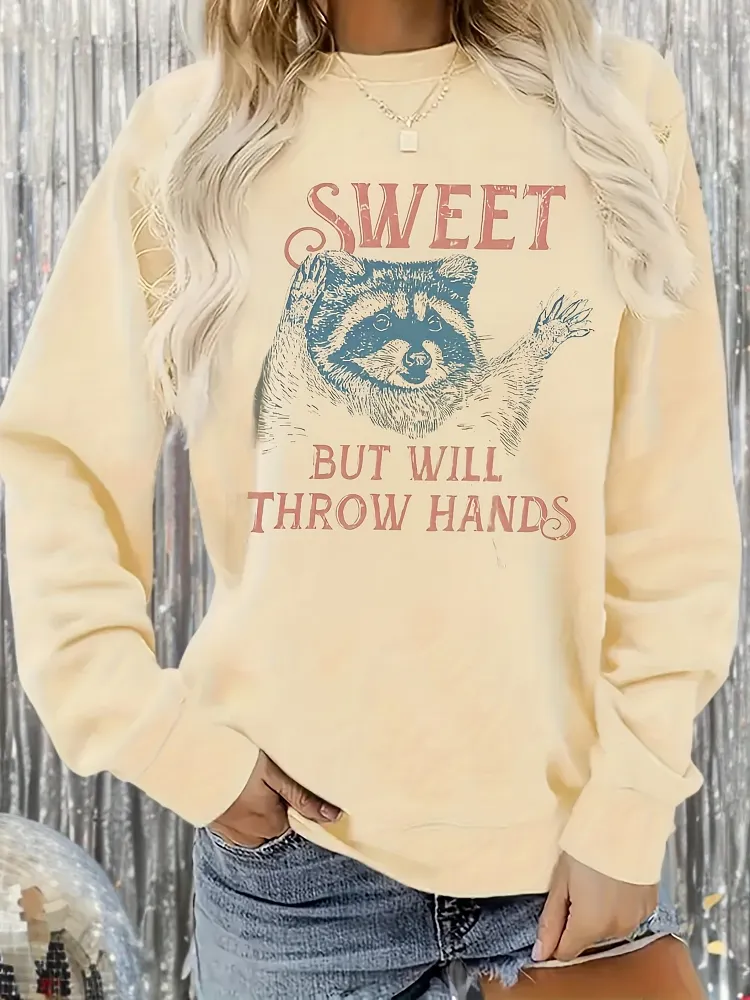 Cute Raccoon Print Long Sleeve Sweatshirt For Women, Casual Crew Neck Spring/Fall Cozy To