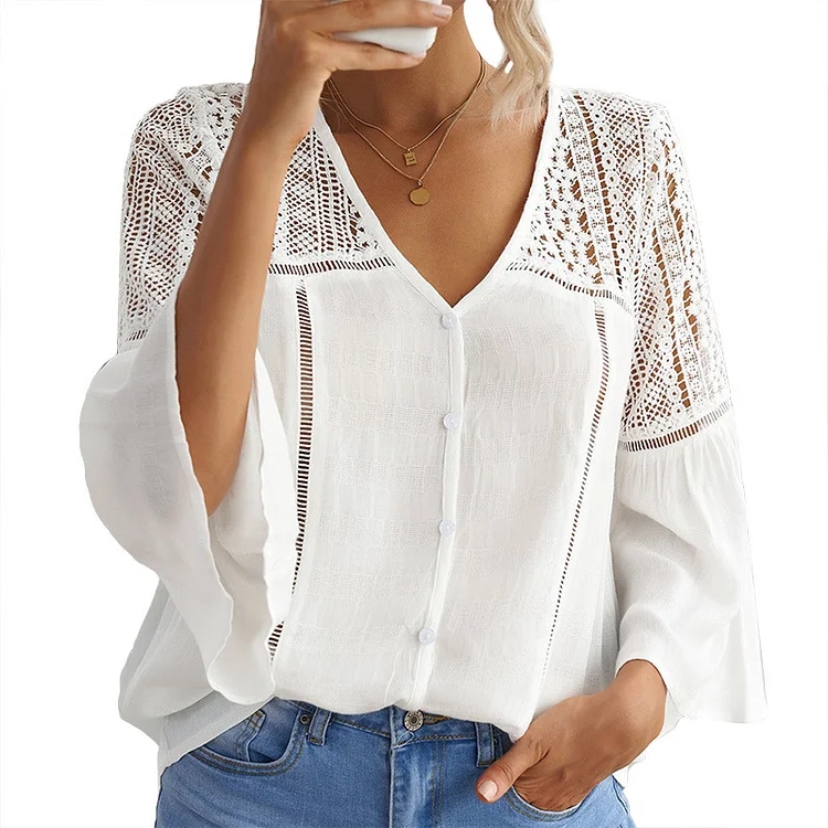 Women's Loose Hollow Out Sexy V-neck Trumpet Sleeve Chiffon Top