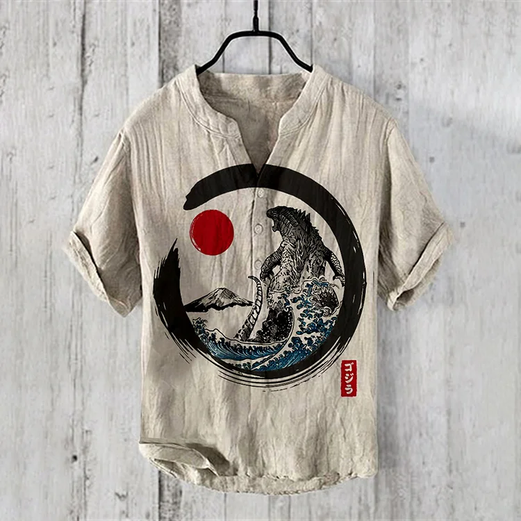 Vintage Japanese Godzilla Ukiyoe Waves Art Linen Blend Shirt