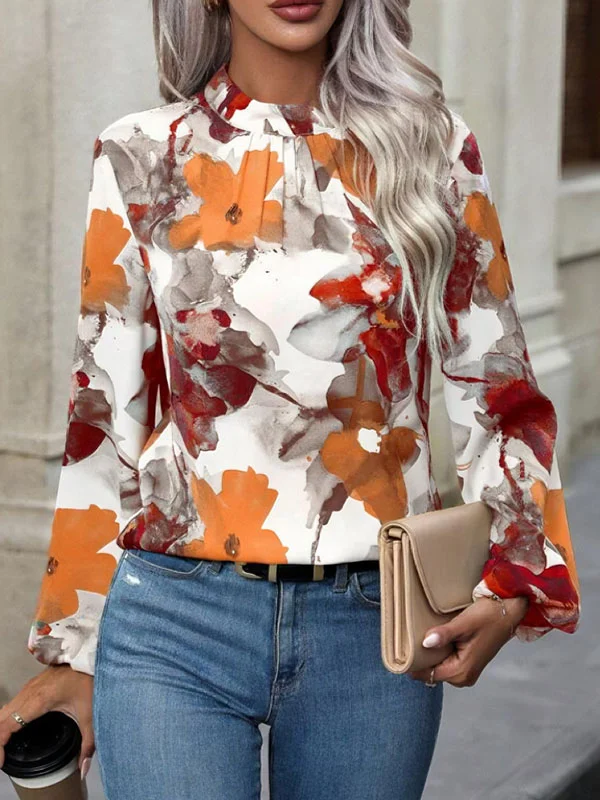 Elasticity Flower Print Pleated Long Sleeves Loose Mock Neck Blouses&Shirts Tops