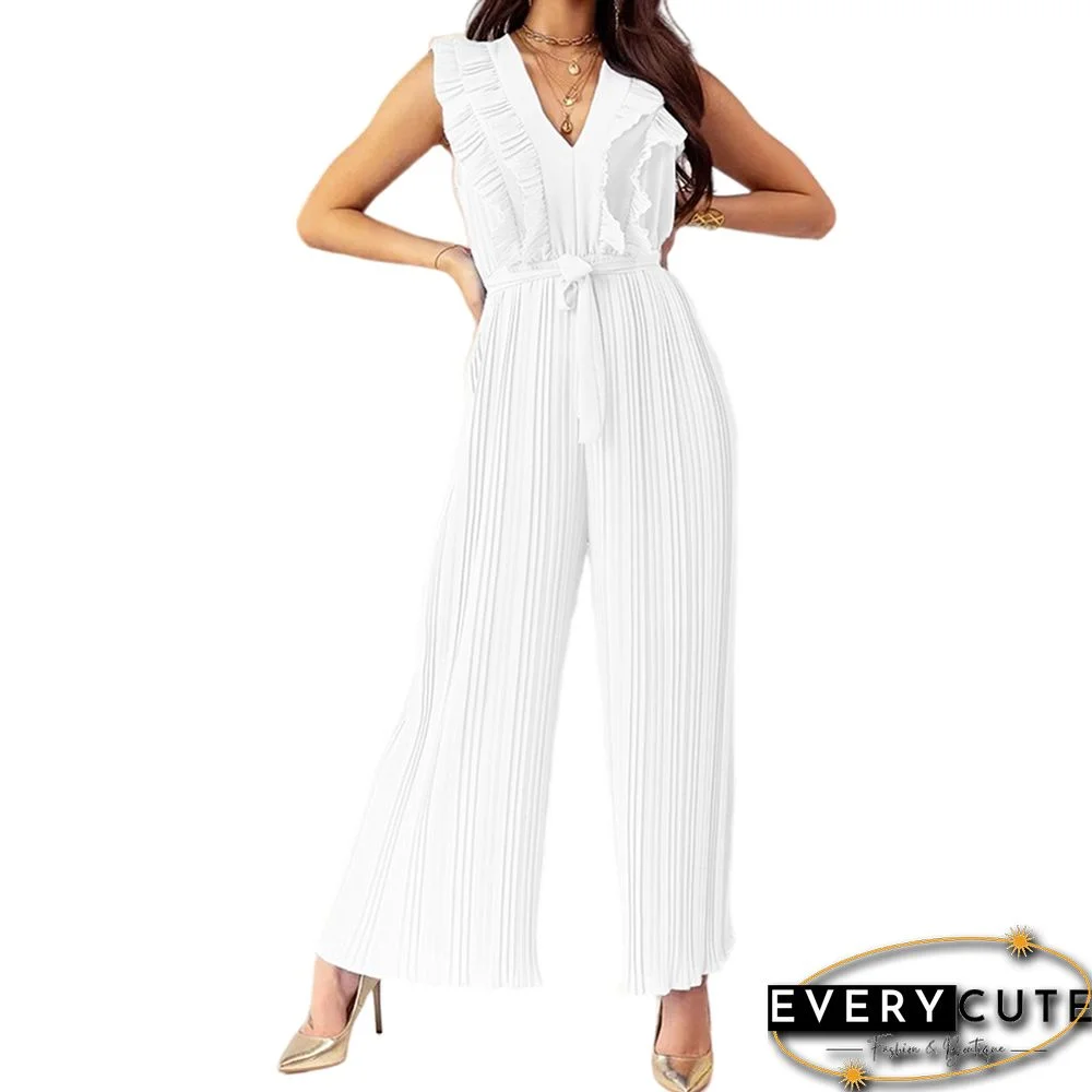 White Ruffle Sleeveless Wide Leg V Neck Jumpsuit