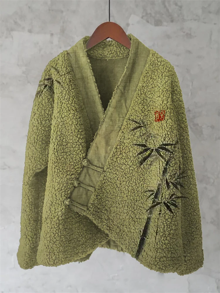 VChics Bamboo Japanese Art Cozy Fleece Kimono Cardigan