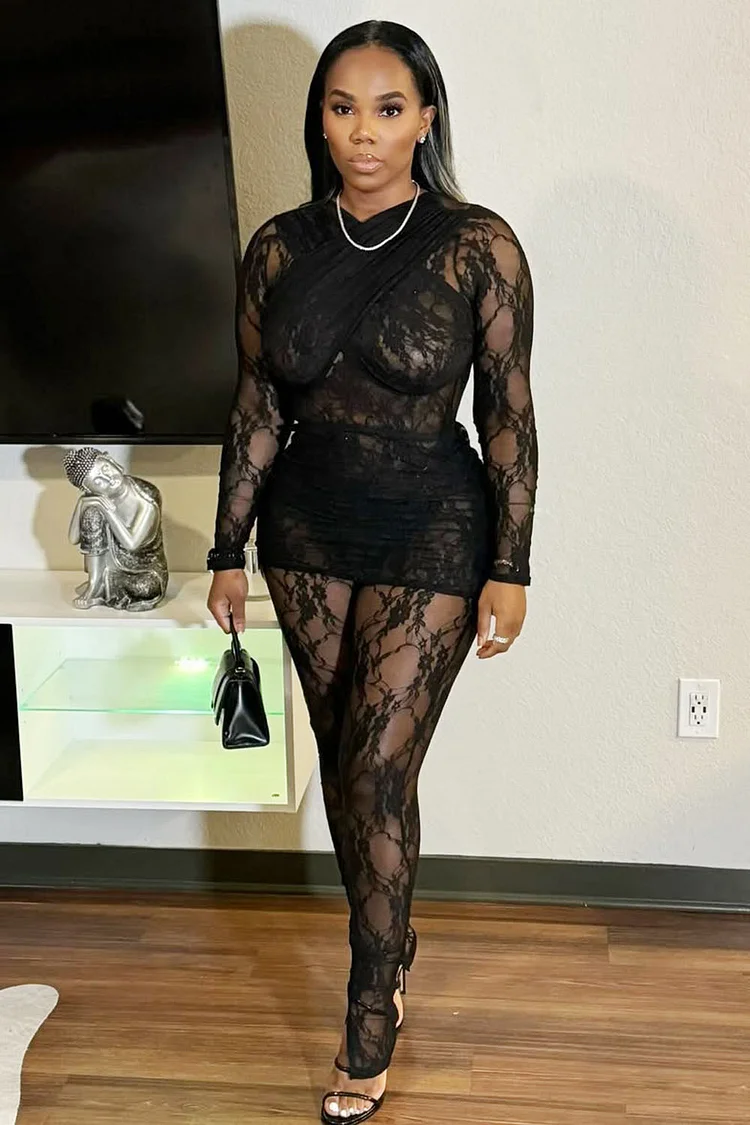 Black Guipure Lace Mini Dress with Leggings 2pcs -Party Set