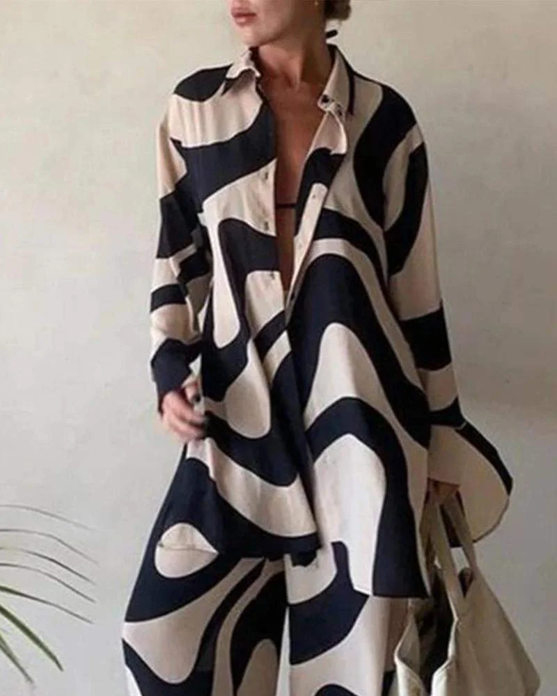 Printed Loose Long Sleeve Shirt + Straight Pants