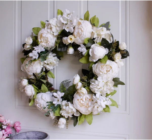 40cm Handmade White Peony Wreaths Simulation Flower Wreath Garlands for Wedding Door Decoration