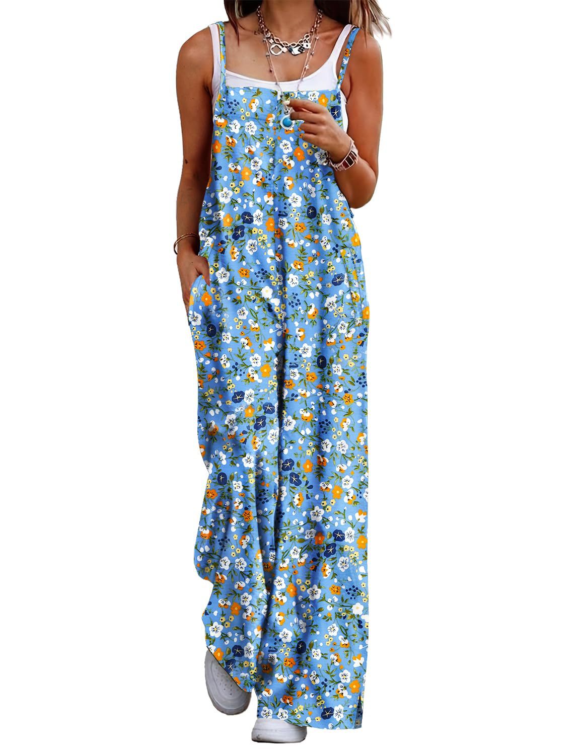 Cczzt Casual Loose Print Pocket Beach Holiday Jumpsuit Women Fashin Sleeveless Spaghetti Summer Wide Leg Pant Rompers Ladies 2025