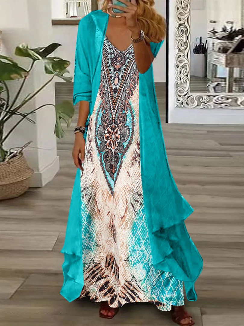 Women Half Sleeve V-neck Graphic Printed Two-Piece Maxi Dress-petite size available