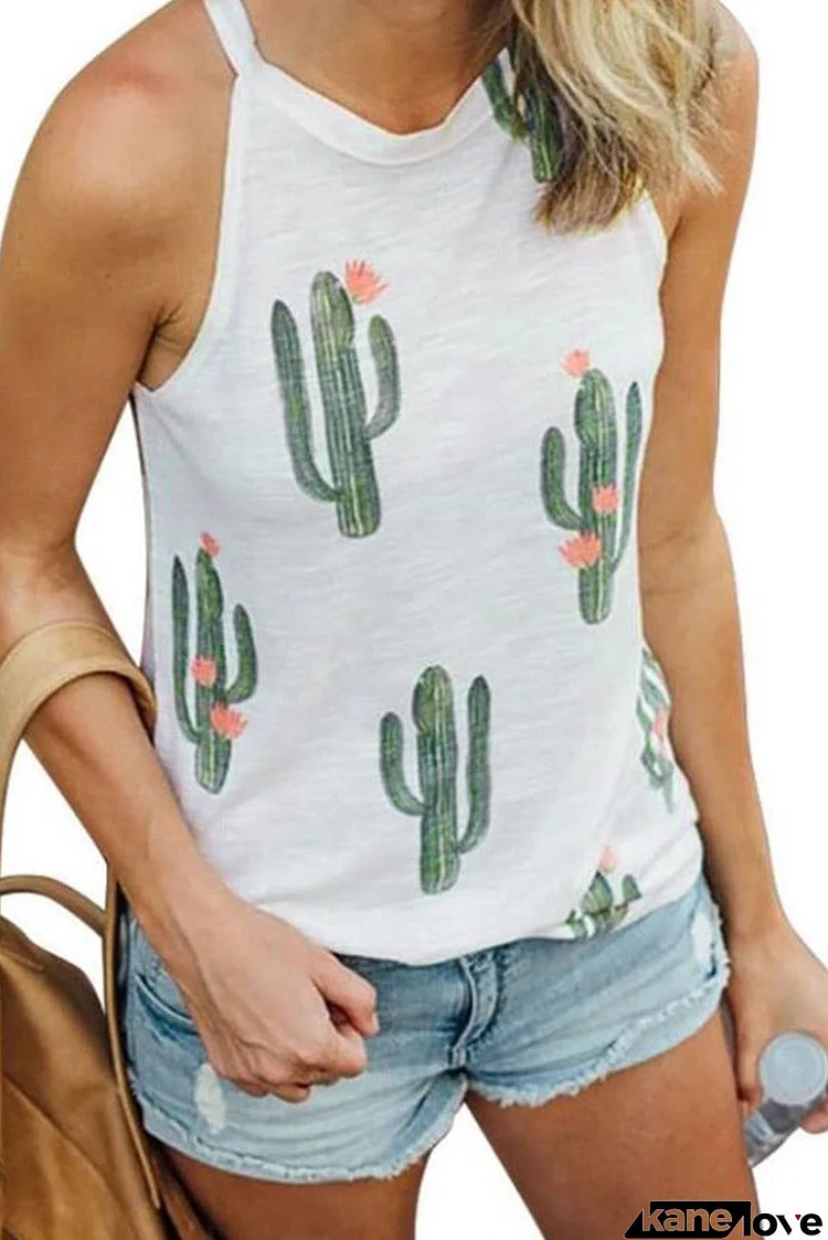 Crew Neck Cactus Print Tank Top