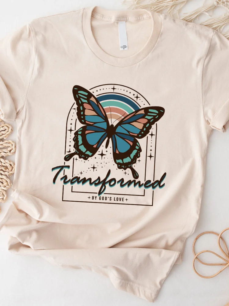 Butterfly Transform Print Casual Crew Neck Short Sleeve T Shirt