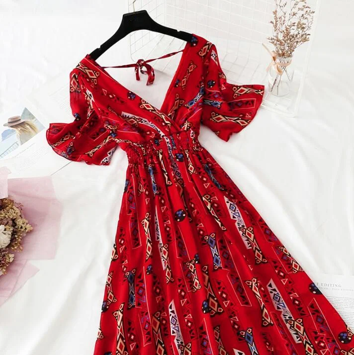 Summer Dress Vintage Floral Ruffles Women Print Short sleeve Chiffon Boho Dresses Mid-calf A-line Backless Sexy Dress Vestidos