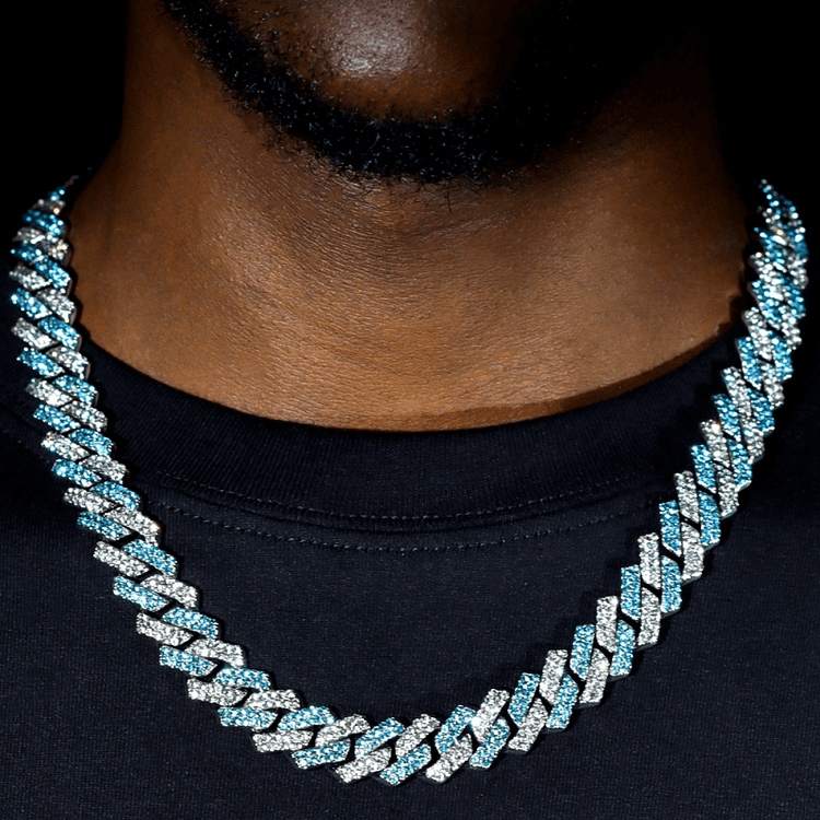 15MM Iced Out Bling Blue Rhinestone Cuban Chain Men Hip Hop Necklace Jewelry-VESSFUL