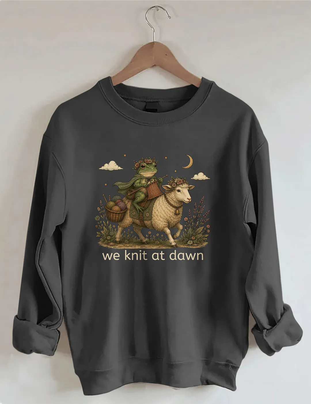 We Knit At Dawn Knitter Frog And Sheep Sweatshirt
