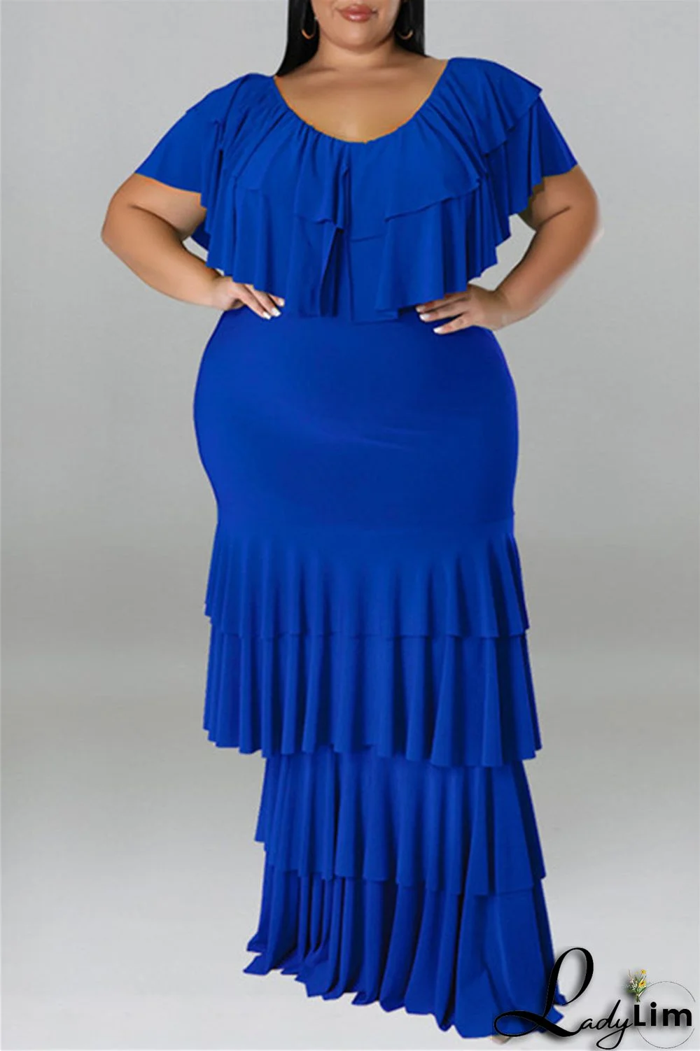 Blue Fashion Casual Plus Size Solid Patchwork O Neck Short Sleeve Dress