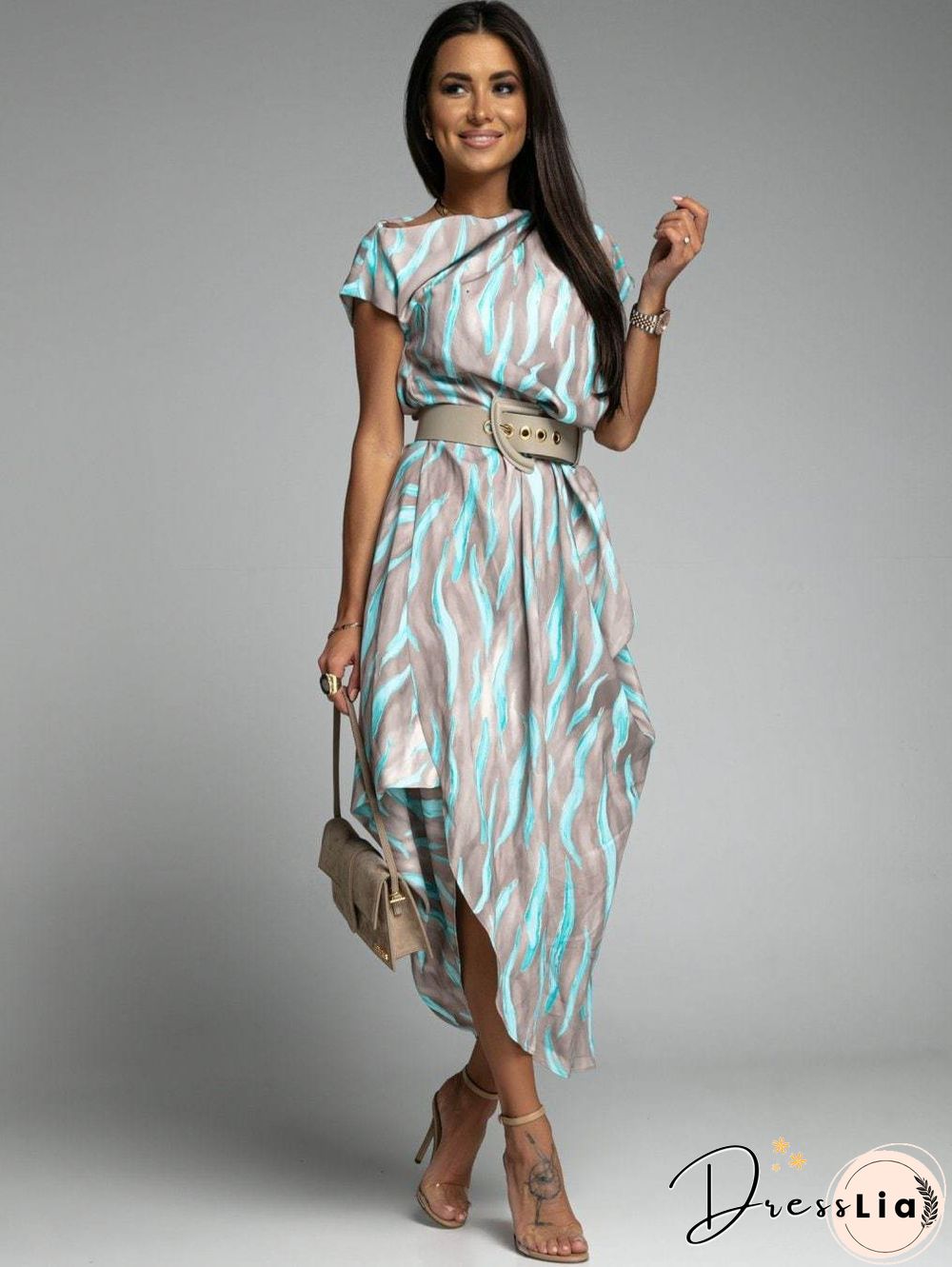 Fashion Women's Dress Personalized Street Print Off Shoulder Asymmetric Dress