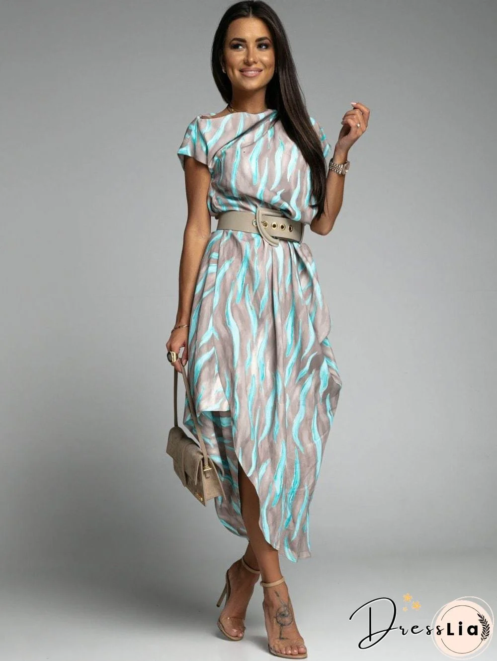 Fashion Women's Dress Personalized Street Print Off Shoulder Asymmetric Dress