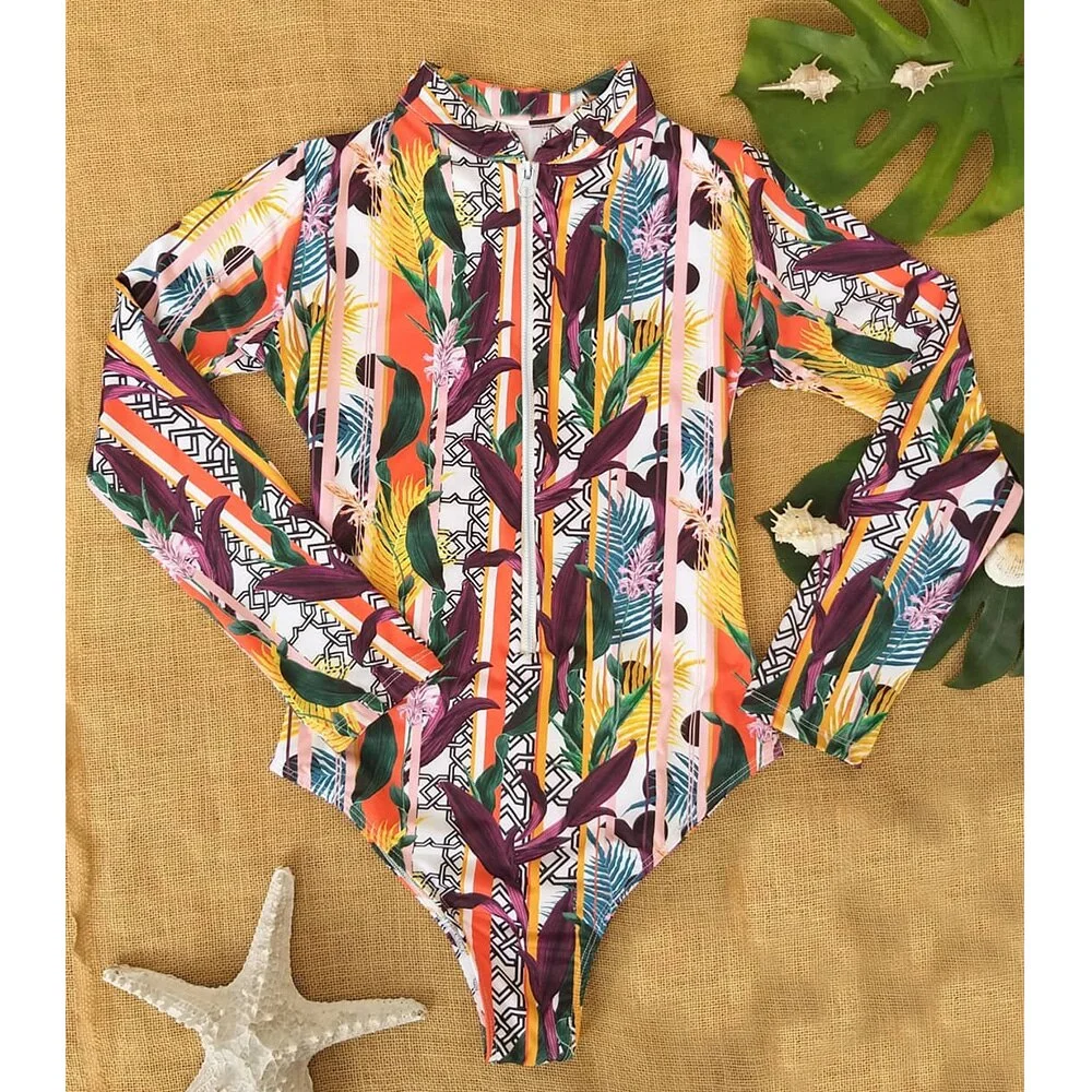 Long Sleeve Print Floral 2021 New One Piece Swimsuit Swimwear Women Zipper Bathing Suit Retro Swimsuit Vintage Surfing Swim Suit