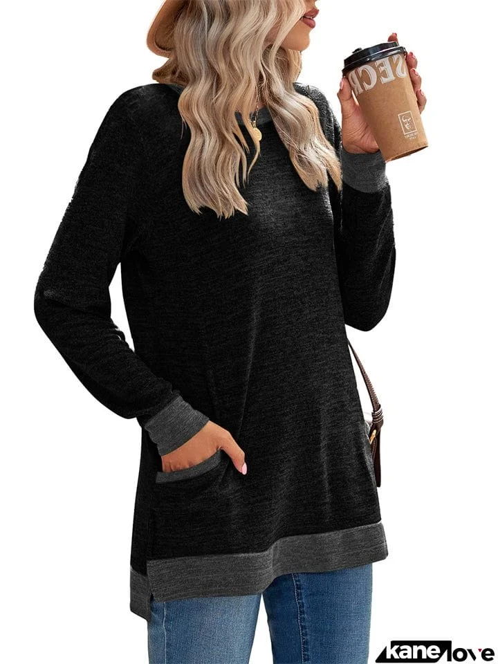 Women's Leisure Crew Neck Long Sleeve Fitted Shirt with Pocket