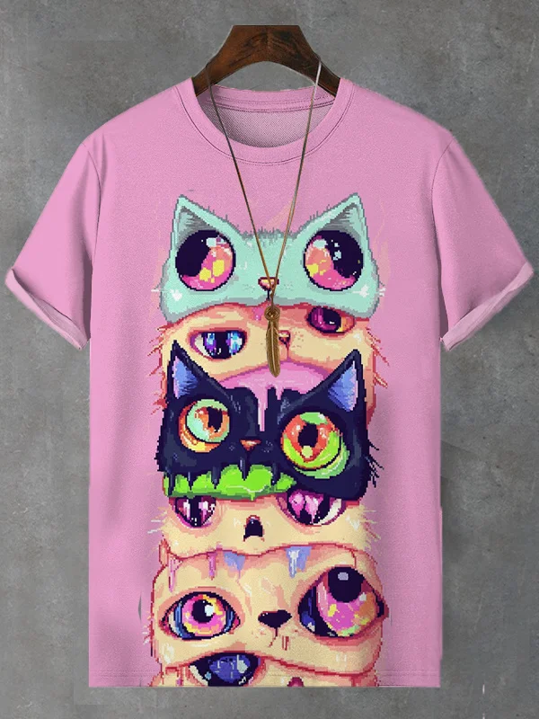 Men's Cartoon Cute Cats Print Casual T-Shirt