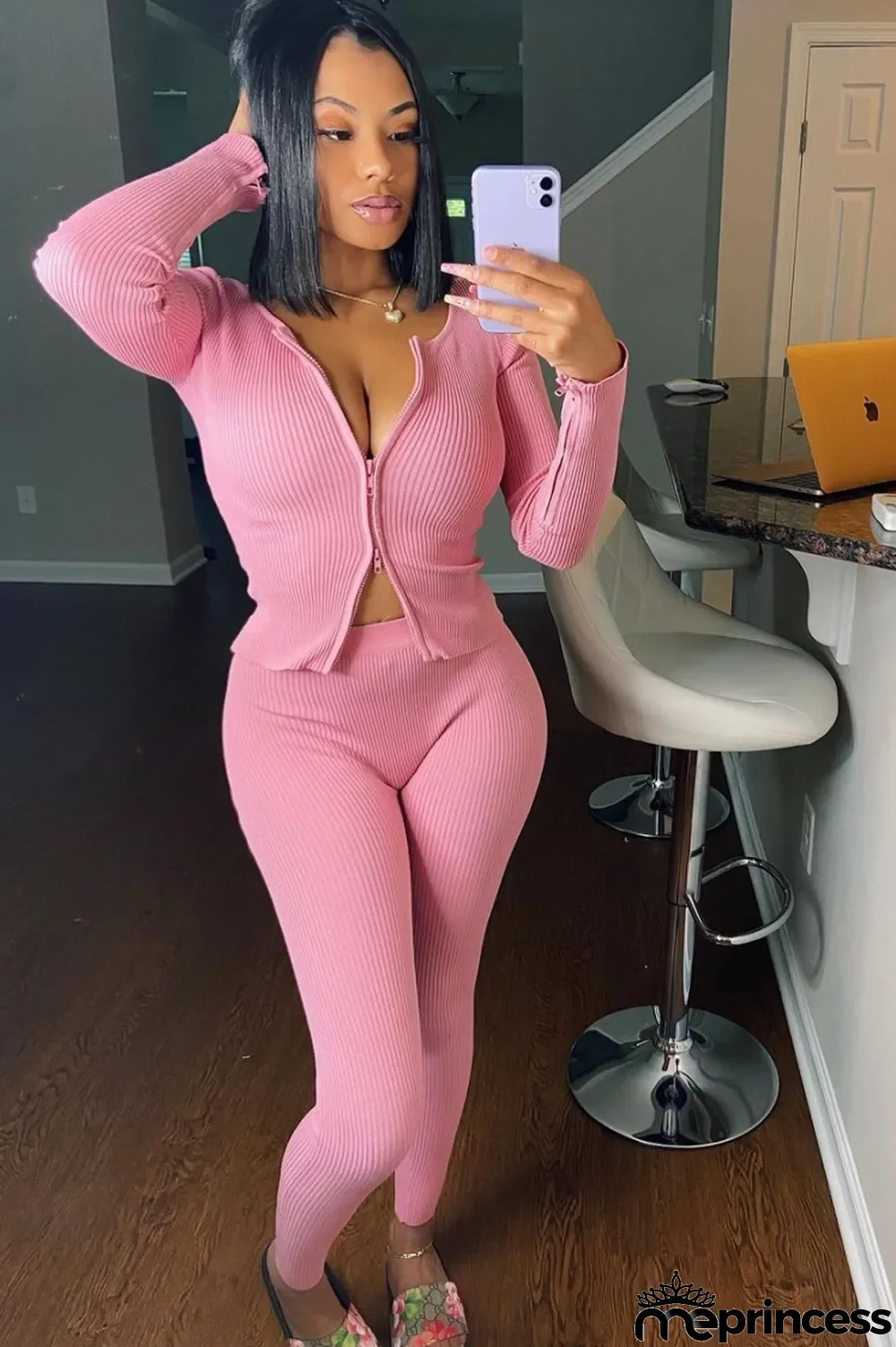 Spring Sexy Pink Round Neck Zipper Long Sleeve Knitted Top and Skinny Pants Two Piece Set Wholesale 2 Piece Outfits